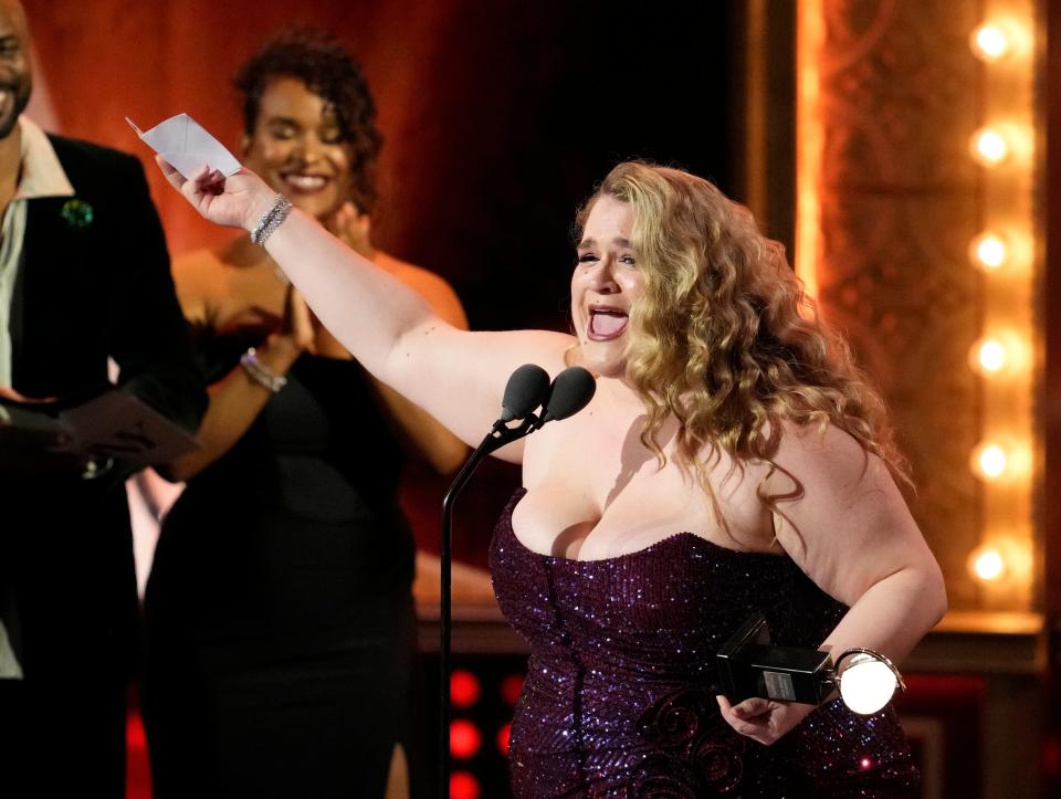 Bonnie Milligan accepts the award for best performance by an actress in a featured role in a musical for "Kimberly Akimbo" at the 76th annual Tony Awards on Sunday, June 11, 2023, at the United Palace theater in New York. (Photo by Charles Sykes/Invision/AP) ORG XMIT: NYRA891