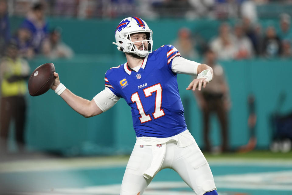 Buffalo Bills quarterback Josh Allen (17) aims a pass during the first half of an NFL football game against the Miami Dolphins, Sunday, Jan. 7, 2024, in Miami Gardens, Fla. (AP Photo/Wilfredo Lee)