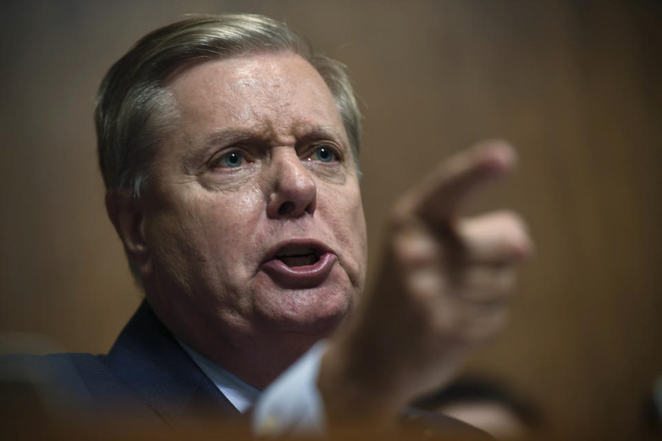 Sen. Lindsey Graham, R-S.C., speaks during a Senate Justice Committee hearing with Supreme Court nominee Judge Brett Kavanaugh as he testifies, Thursday, Sept. 27, 2018 on Capitol Hill in Washington. (Saul Loeb/Pool Image via AP)