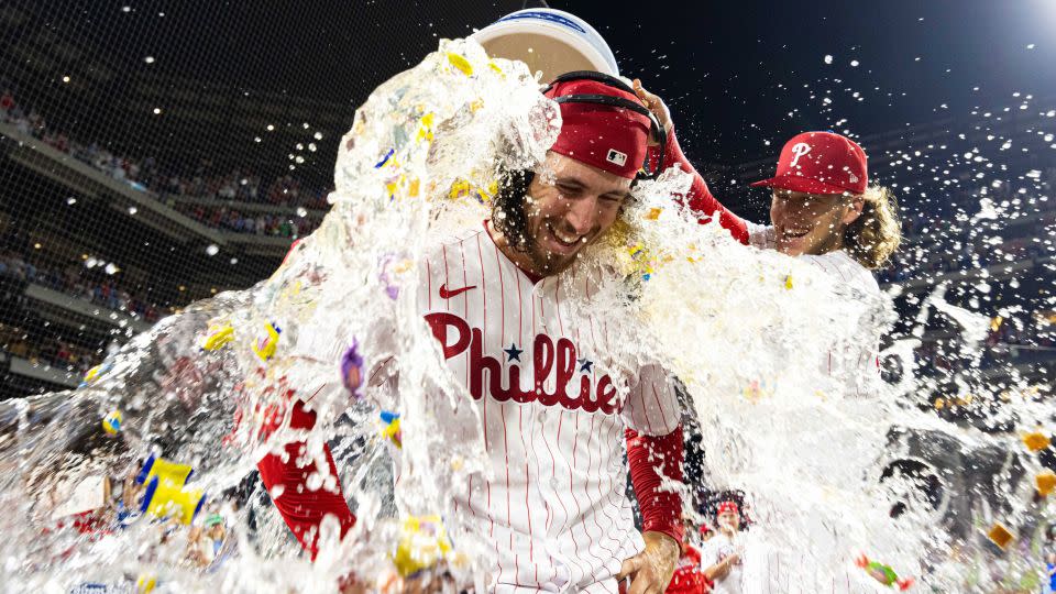 Lorenzen was doused with water after his memorable performance. - Bill Streicher/USA Today Network/Reuters