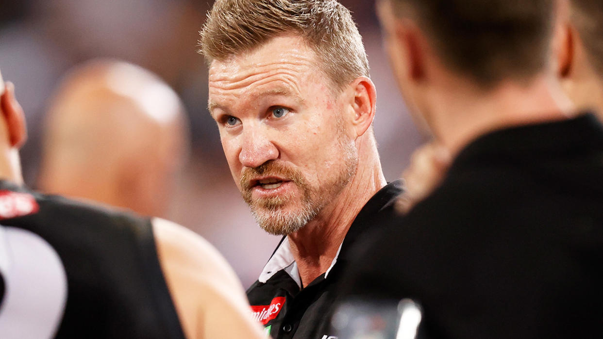 Nathan Buckley, pictured here addressing his Collingwood players.