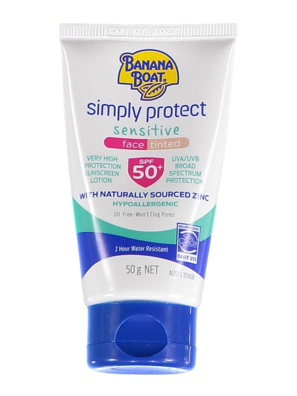 Banana Boat Simply Protect Sensitive Face Tinted SPF50+ 50g, $6 from Best & Less. Photo: Best & Less.