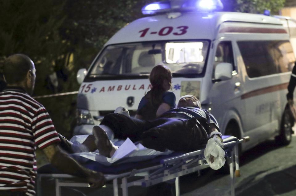 An Ethnic Armenian man who was injured during an explosion at a crowded gas station in Stepanakert, the capital of Nagorno-Karabakh, is transported to the National Burn Medical Center in Yerevan, Armenia, Tuesday, Sept. 26, 2023. Thousands of Armenians have streamed out of Nagorno-Karabakh after the Azerbaijani military reclaimed full control of the breakaway region last week. (Hayk Baghdasaryan/PHOTOLURE Photo via AP)