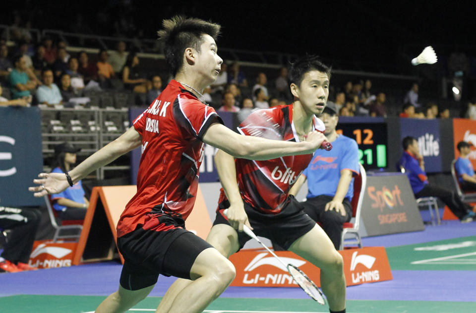 World No. 1 men’s doubles shuttlers Kevin Sanjaya Sukamuljo (left) and Marcus Fernaldi Gideon have confirmed their participation for the Singapore Badminton Open from 9-14 April. (PHOTO: Singapore Badminton Association)