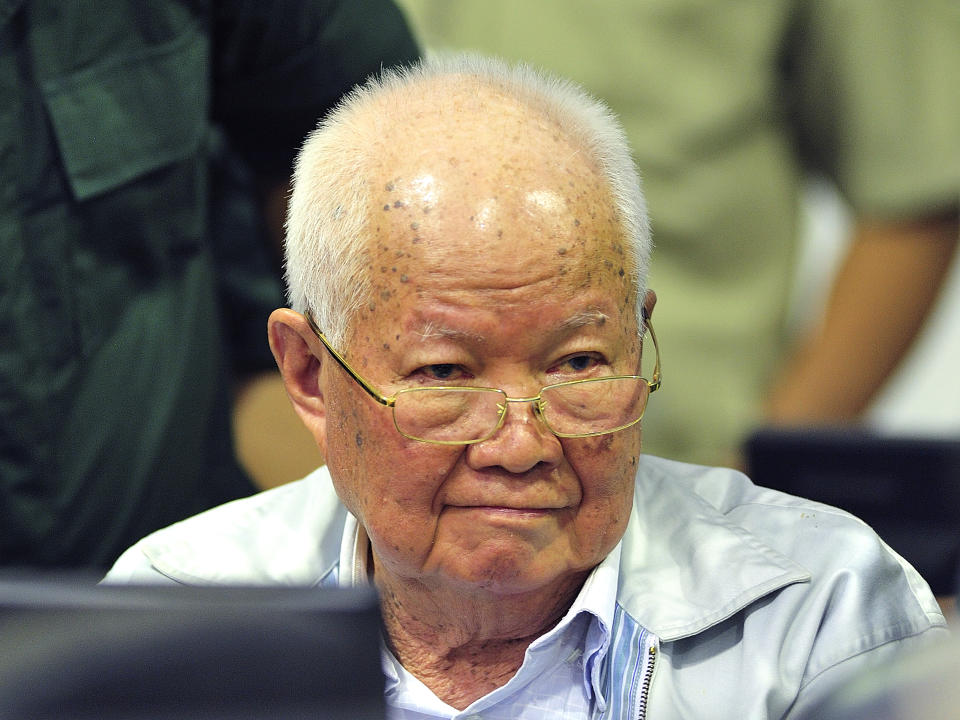 FILE - Khieu Samphan, former Khmer Rouge head of state, sits in a court during a hearing at the U.N.-backed war crimes tribunal in Phnom Penh, Cambodia on Nov. 16, 2018. The tribunal, Thursday, Sept. 22, 2022, will issue its ruling on an appeal by Khieu Samphan, the last surviving leader of the Khmer Rouge government that ruled Cambodia from 1975-79. He was convicted in 2018 of genocide, crimes against humanity and war crimes and sentenced to life in prison. (Mark Peters/Extraordinary Chambers in the Courts of Cambodia via AP, File)