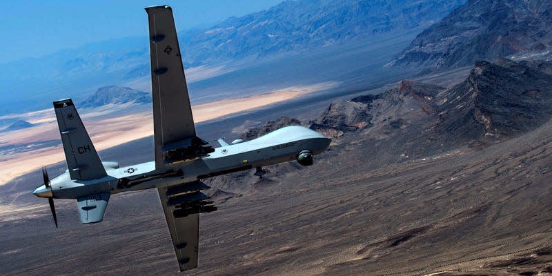 An MQ-9 Reaper remotely piloted drone aircraft performs aerial maneuvers over Creech Air Force Base, Nevada, U.S., June 25, 2015. U.S. Air Force/Senior Airman Cory D. Payne/Handout via REUTERS  