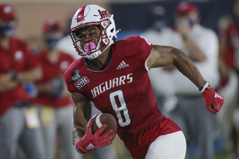 MOBILE, AL - OCTOBER 24: South Alabama Jaguars wide receiver Jalen Tolbert (8) during the South Alabama Jaguars game versus the Louisiana-Monroe Warhawks on October 24, 2020, at Hancock-Whitney Stadium, Mobile, Alabama. (Photo by Bobby McDuffie/Icon Sportswire via Getty Images)