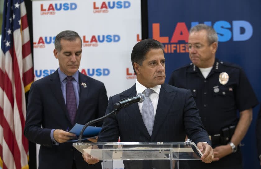 Los Angeles, CA - September 06: Superintendent of Los Angeles Unified School District Alberto M. Carvalho speaks during a press conference at Edward R. Roybal Learning Center on Tuesday, Sept. 6, 2022, in Los Angeles, CA. There's been a major cyberattack on the Los Angeles Unified School District. Major problems over the weekend. (Francine Orr / Los Angeles Times)