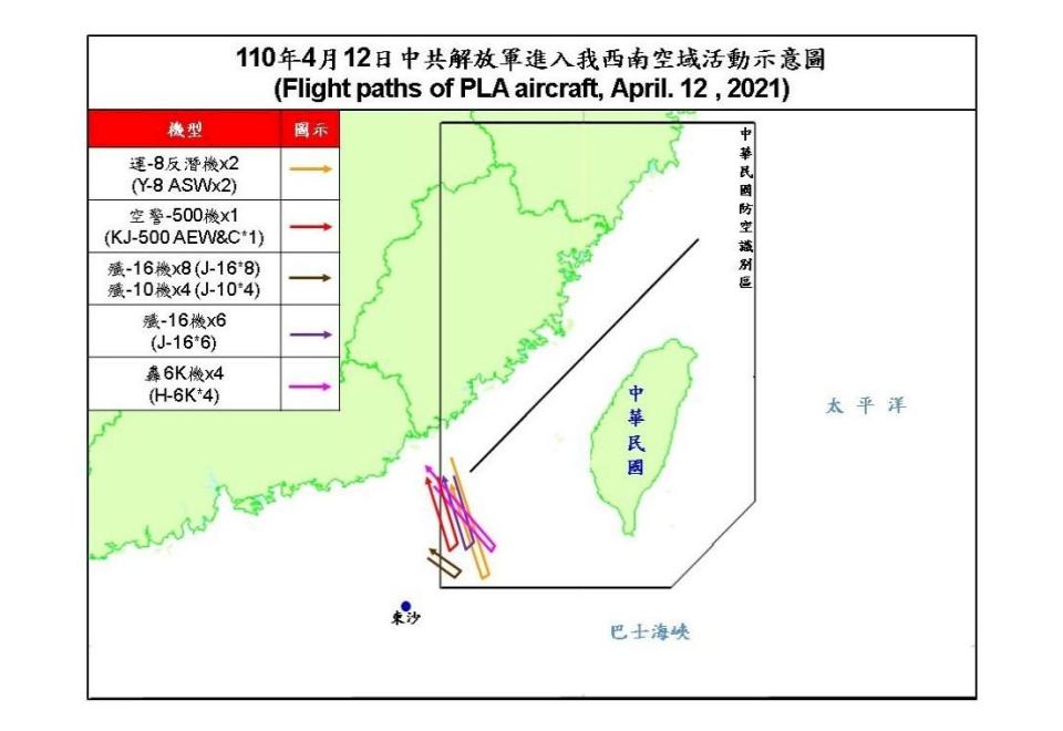 國防部公布資訊顯示，12日共有25架次共機近日台灣西南空域防空識別區，創下單日共機擾台架次最高紀錄。 (圖:國防部)