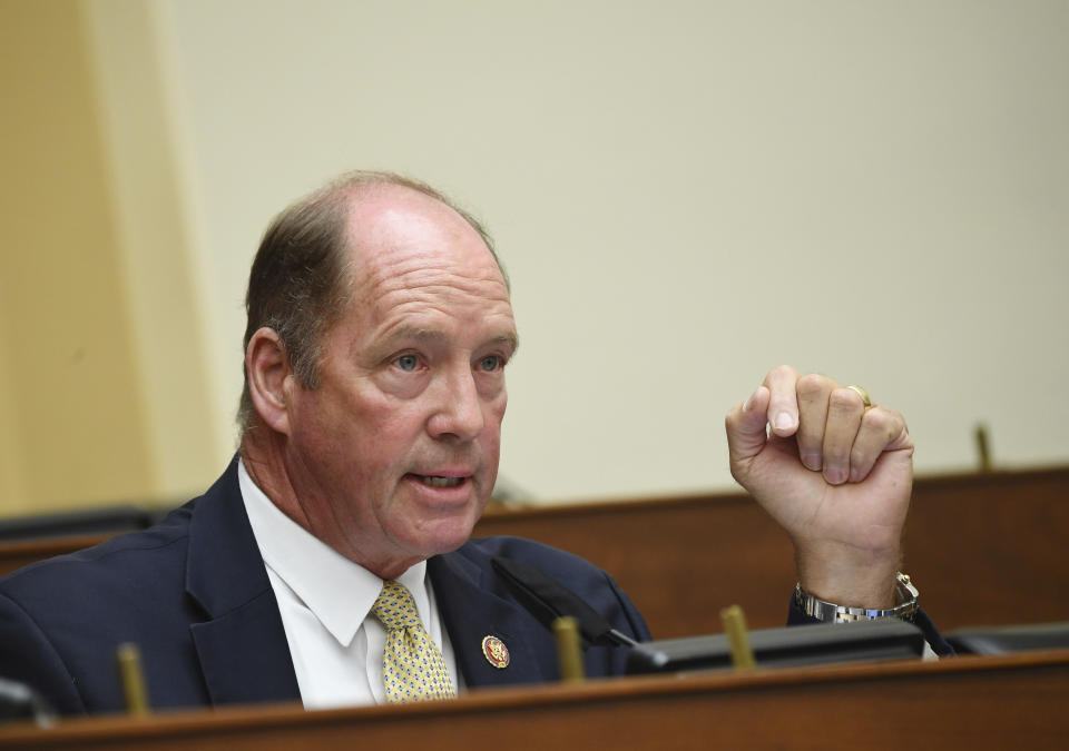 Rep. Ted Yoho, R-Fla., questions witnesses before a House Committee on Foreign Affairs hearing looking into the firing of State Department Inspector General Steven Linick, Wednesday, Sept. 16, 2020 on Capitol Hill in Washington. (Kevin Dietsch/Pool via AP)