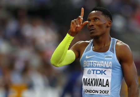 Athletics - World Athletics Championships - Men's 400 Metres Semi-Final - London Stadium, London, Britain – August 6, 2017. Isaac Makwala of Botswana celebrates winning the semi-final heat. REUTERS/Phil Noble