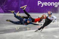 <p>Choi Minjeong of South Korea, Li Jinyu of China and Elise Christie of Great Britain competing in 1500 meter speed skating for women at Gangneung Ice Arena, Gangneung, South Korea on 17 February 2018. (Photo by Ulrik Pedersen/NurPhoto via Getty Images) </p>