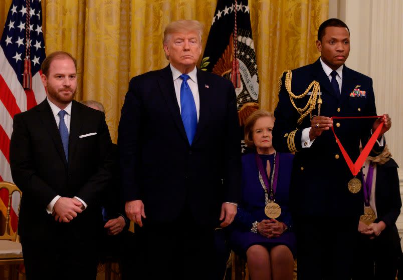 Claremont Institute President Ryan Williams accepts the National Humanities medal on behalf of Claremont, awarded by then-President Donald Trump in the East Room of the White House on November 21, 2019. (Photo by ANDREW CABALLERO-REYNOLDS/AFP via Getty Images)