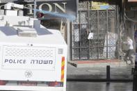 Israeli police shoots a water canon in an ultra-orthodox neighborhood In Jerusalem, Sunday, Jan. 24, 2021. Ultra-Orthodox demonstrators clashed with Israeli police officers dispatched to close schools in Jerusalem and Ashdod that had opened in violation of health regulations on Sunday. (AP Photo/Sebastian Scheiner)