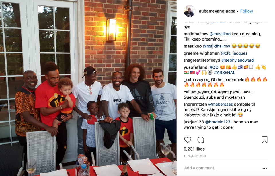 Ousmane Dembele (centre with cap) enjoyed a spot of dinner with four Arsenal stars