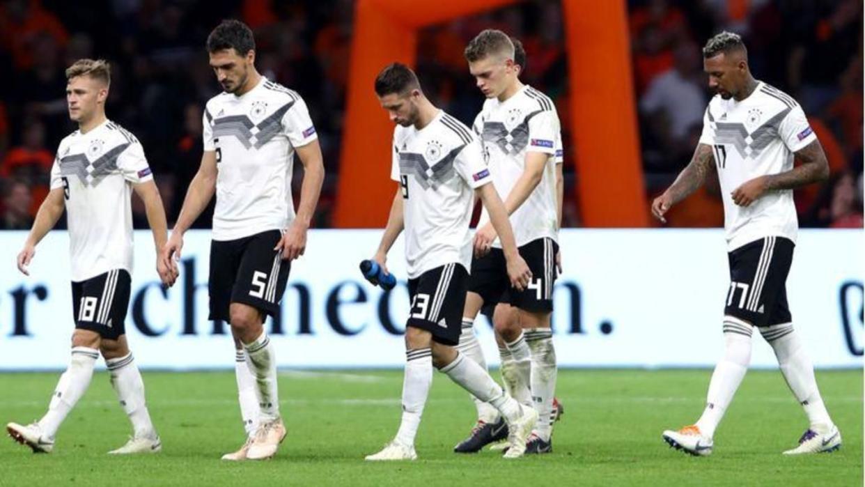 Germany national players hanging their heads after a poor performance in their UEFA Nations League encounter against Netherlands, losing by a scoreline of 3-0 on 13 October, 2018.