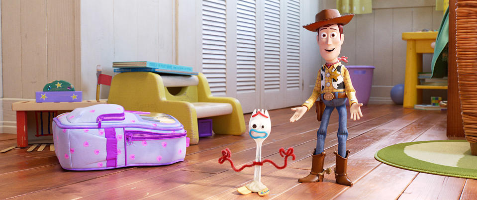 TOY STORY 4, from left: Forky (voice: Tony Hale), Woody (voice: Tom Hanks), 2019. © Walt Disney Studios Motion Pictures / courtesy Everett Collection