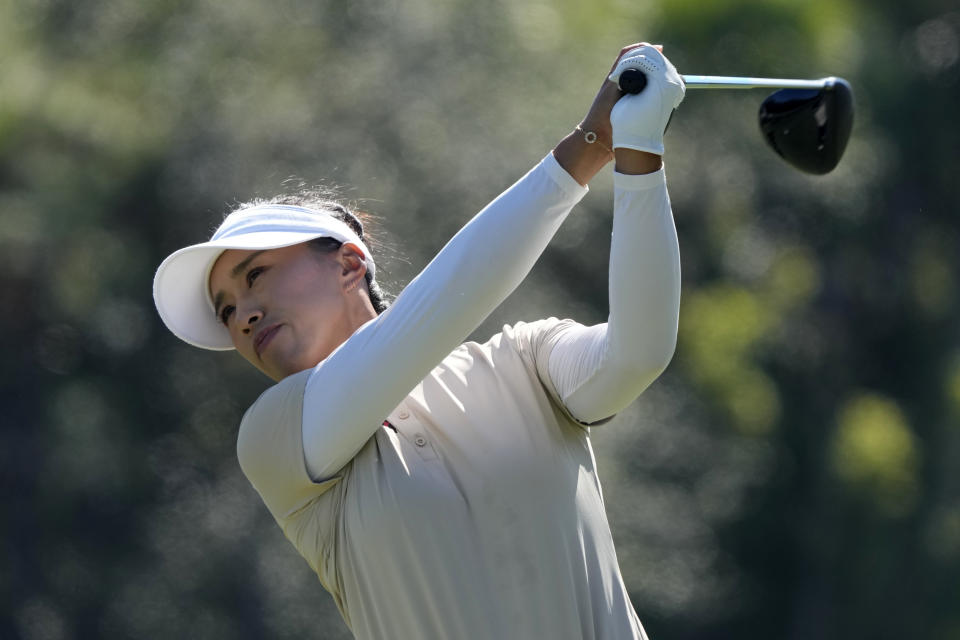 Amy Yang, of South Korea, plays her shot from the third tee during the final round of the LPGA CME Group Tour Championship golf tournament, Sunday, Nov. 19, 2023, in Naples, Fla. (AP Photo/Lynne Sladky)