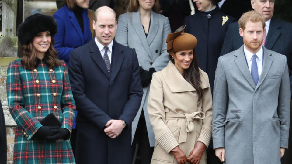 Princess Beatrice, Princess Eugenie, Princess Anne, Princess Royal, Prince Andrew, Duke of York, Prince William, Duke of Cambridge, Catherine, Duchess of Cambridge, Meghan Markle and Prince Harry attend Christmas Day Church service at Church of St Mary Magdalene on December 25, 2017 in King's Lynn, England. 