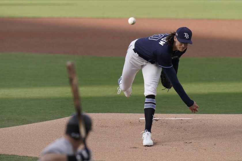 Tampa Bay Rays starting pitcher Tyler Glasnow (20) throws during the first inning.