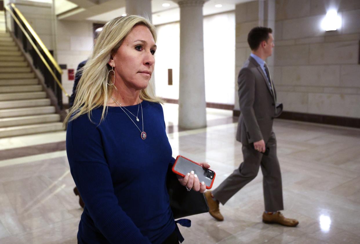 <p>U.S. Rep. Marjorie Taylor Greene (R-GA) arrives for a House Republican caucus candidate forum to replace outgoing conference chair, Rep. Liz Cheney (R-WY) at the Capitol on May 13, 2021 in Washington, DC. </p> (Photo by Kevin Dietsch/Getty Images)