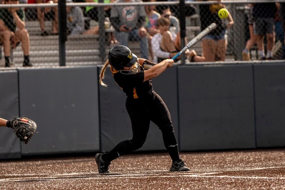 Mount St. Dominic takes on St. John Vianney in the softball state finals at Kean University in Union, NJ on Friday, June 9, 2023. SJV #33 Elisabeth Figliolino hits the ball. 