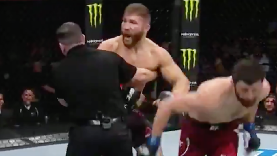 Ion Cutelaba, pictured in the middle, was furious after his bout with Magomed Ankalaev was stopped early.