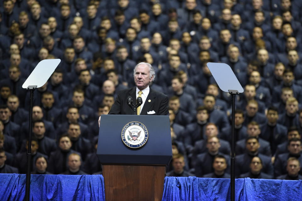 South Carolina Gov. Henry McMaster speaks ahead of a speech by Vice President Mike Pence on Thursday, Feb. 13, 2020, at The Citadel in Charleston, S.C. (AP Photo/Meg Kinnard