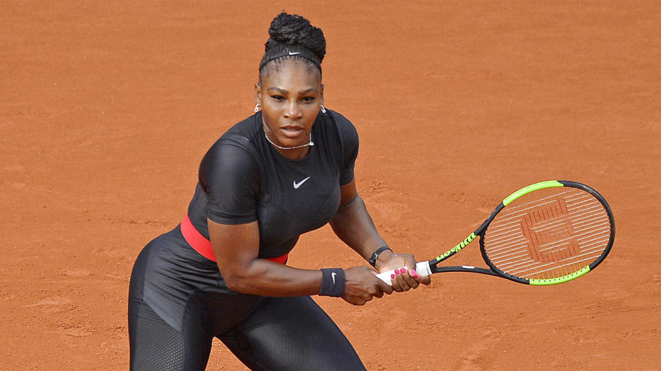 Serena Williams wore a full-length black catsuit at the 2018 French Open. Pic: Getty