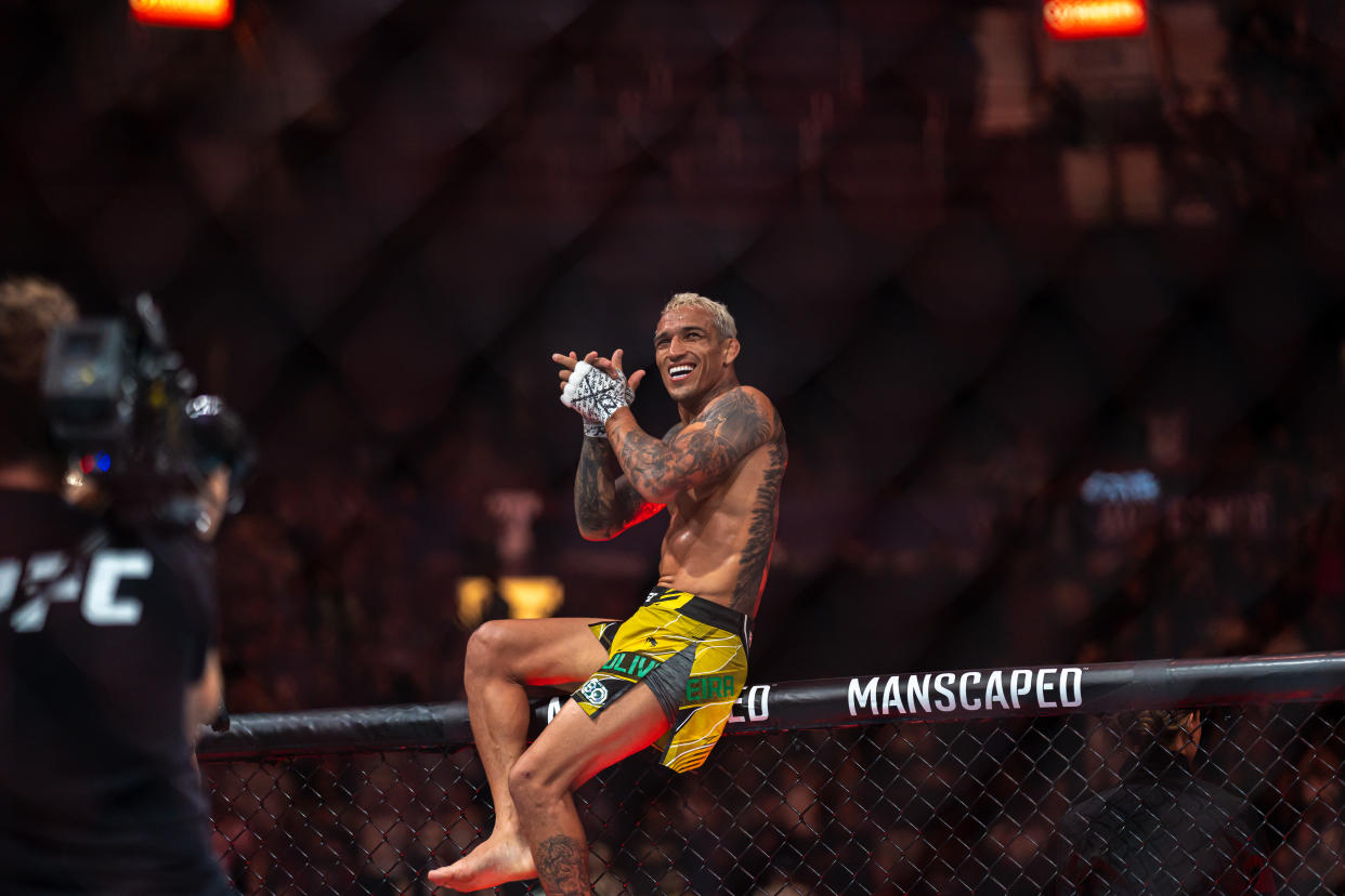 VANCOUVER, CANADA - JUNE 10: Charles Oliveira celebrates his victory over Beneil Dariush during the UFC 289 event at Rogers Arena on June 10, 2023 in Vancouver, Canada. (Photo by Jordan Jones/Getty Images)