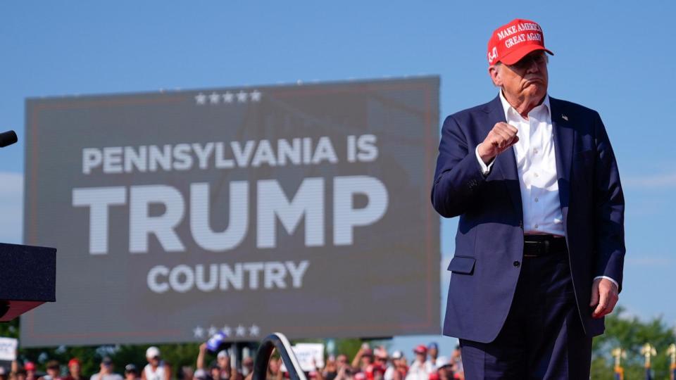 PHOTO: Republican presidential candidate former President Donald Trump arrives for a campaign rally, Saturday, July 13, 2024, in Butler, Pa. (Evan Vucci/AP)