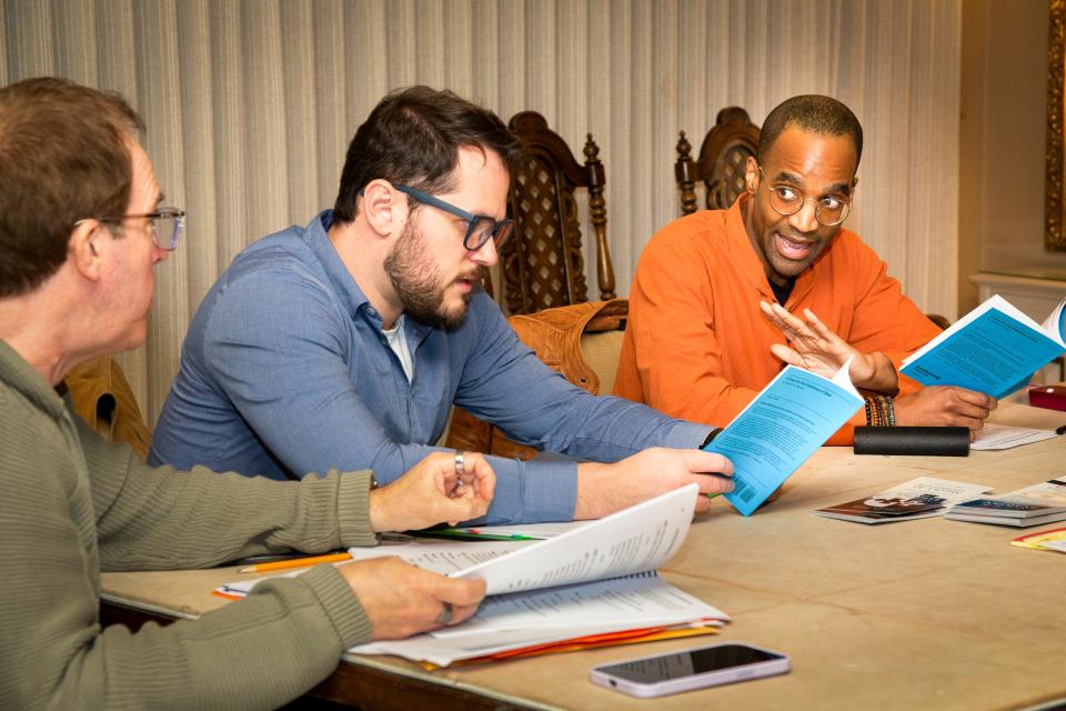 Michael Shaw (director), Jacob Alden Roa (Ryan) and Dennis Renard (Keith) rehearsing "A Case for the Existence of God," opening March 1 through March 10.