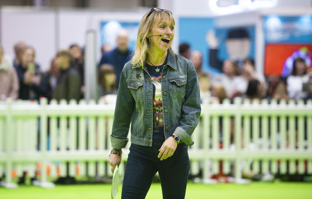 BIRMINGHAM, ENGLAND - NOVEMBER 02: TV presenter Michaela Strachan presents SuperDogs showcase at the National Pet Show 2019 at National Exhibition Centre (NEC) on November 02, 2019 in Birmingham, England. (Photo by Katja Ogrin/Getty Images)