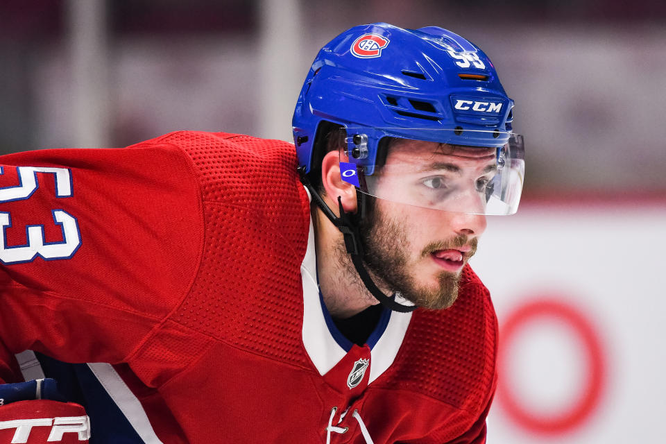 MONTREAL, QC - OCTOBER 10: Look on Montreal Canadiens defenceman Victor Mete (53) during the Detroit Red Wings versus the Montreal Canadiens game on October 10, 2019, at Bell Centre in Montreal, QC (Photo by David Kirouac/Icon Sportswire via Getty Images)