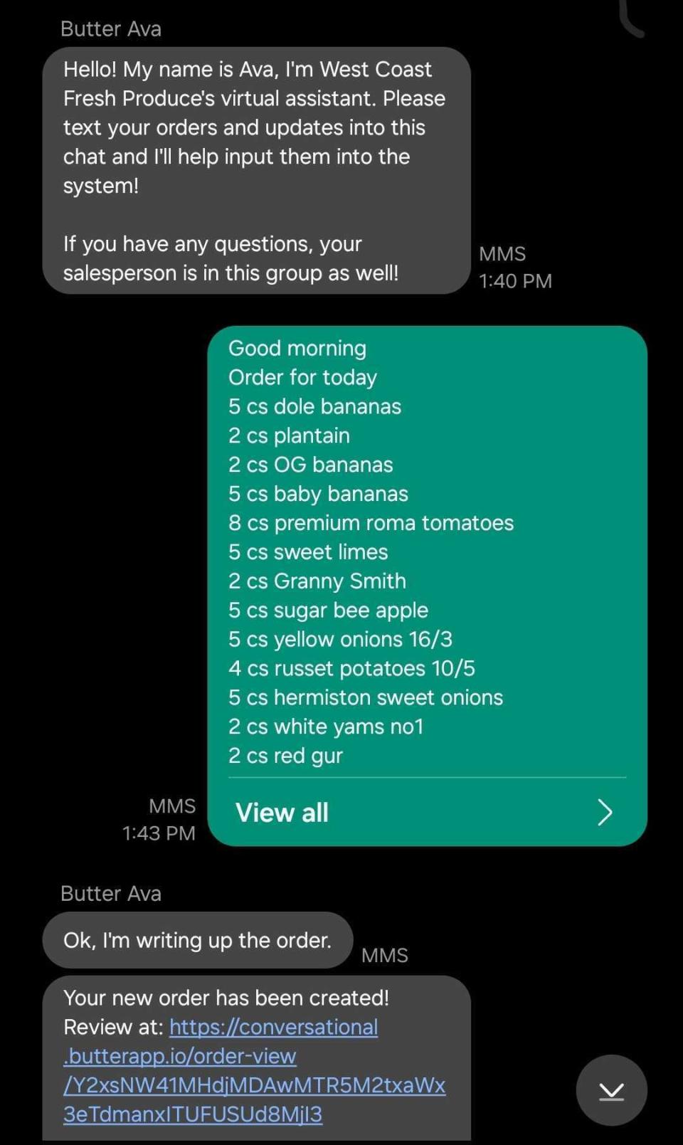 Butter's AI assistant helps generate new orders based on text messages.