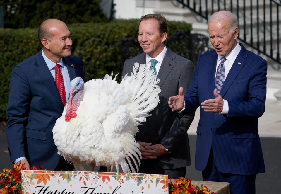 President Joe Biden pardons the National Thanksgiving turkey Liberty during a ceremony at the White House on Nov. 20, 2023 in Washington, DC with Jose Rojas, left, Vice-President of Jennie-O Turkey Store, and Steve Lykken, middle, Chairman of the National Turkey Federation. The 2023 National Thanksgiving Turkey Liberty, and its alternate Bell, were raised in Willmar, Minn.