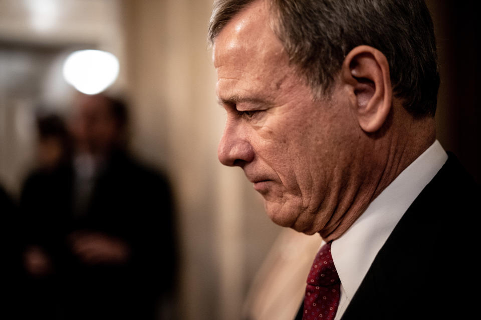 Chief Justice John Roberts leaves the Capitol after a session of the Senate impeachment trial of President Donald Trump on Capitol Hill in Washington, Jan. 29, 2020. (Erin Schaff/The New York Times)