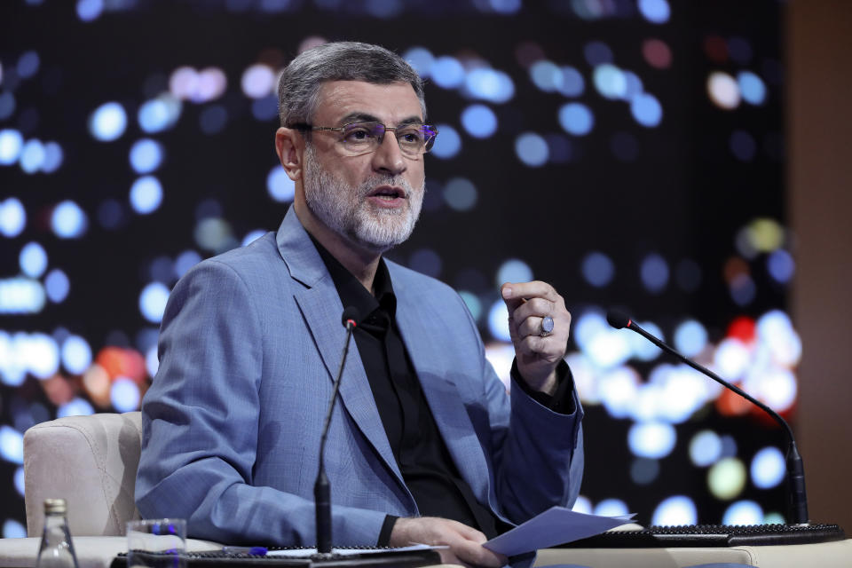 In this picture made available by Iranian state-run TV, IRIB, presidential candidate for June 28, election Amirhossein Ghazizadeh Hashemi, Vice President of late Ebrahim Raisi, speaks in a debate of the candidates at the TV studio in Tehran, Iran, Monday, June 17, 2024. (Morteza Fakhri Nezhad/IRIB via AP)