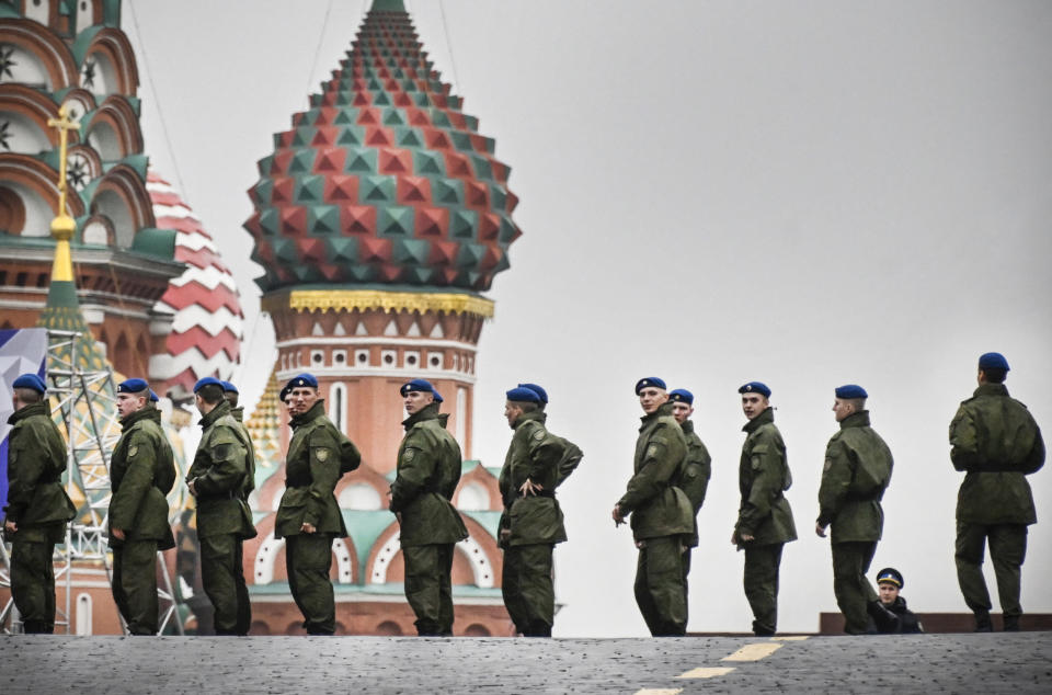 Russian soldiers stand on Red Square in central Moscow as the square is sealed prior to a ceremony of the incorporation of the new territories into Russia.