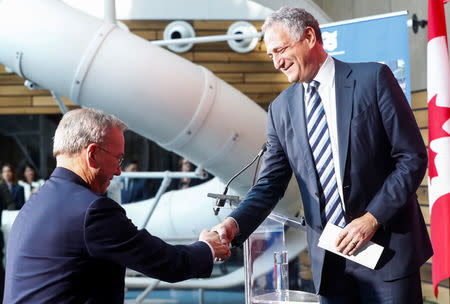 Sidewalk Labs CEO Dan Doctoroff and Executive Chairman of Alphabet Eric Schmidt (L) shake hands during a press conference where Alphabet Inc, the owner of Google, announced the project "Sidewalk Toronto", that will develop an area of Toronto's waterfront using new technologies to develop high-tech urban areas in Toronto, Ontario, Canada October 17, 2017. REUTERS/Mark Blinch