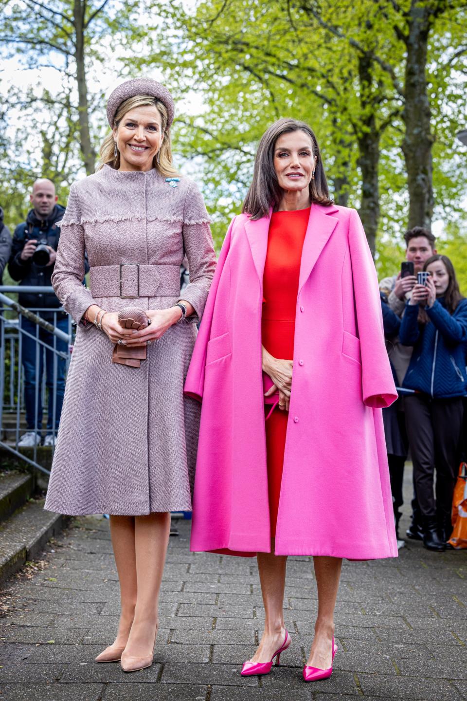 Queen Maxima of The Netherlands and Queen Letizia of Spain visit Lab6 that supports mental health for young people on April 18 in Amsterdam.