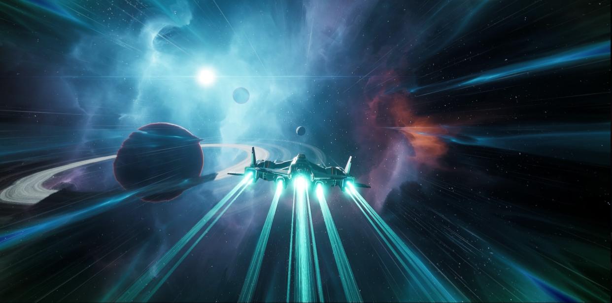  A screenshot from "Everspace 2" showing a spaceship zooming through space 