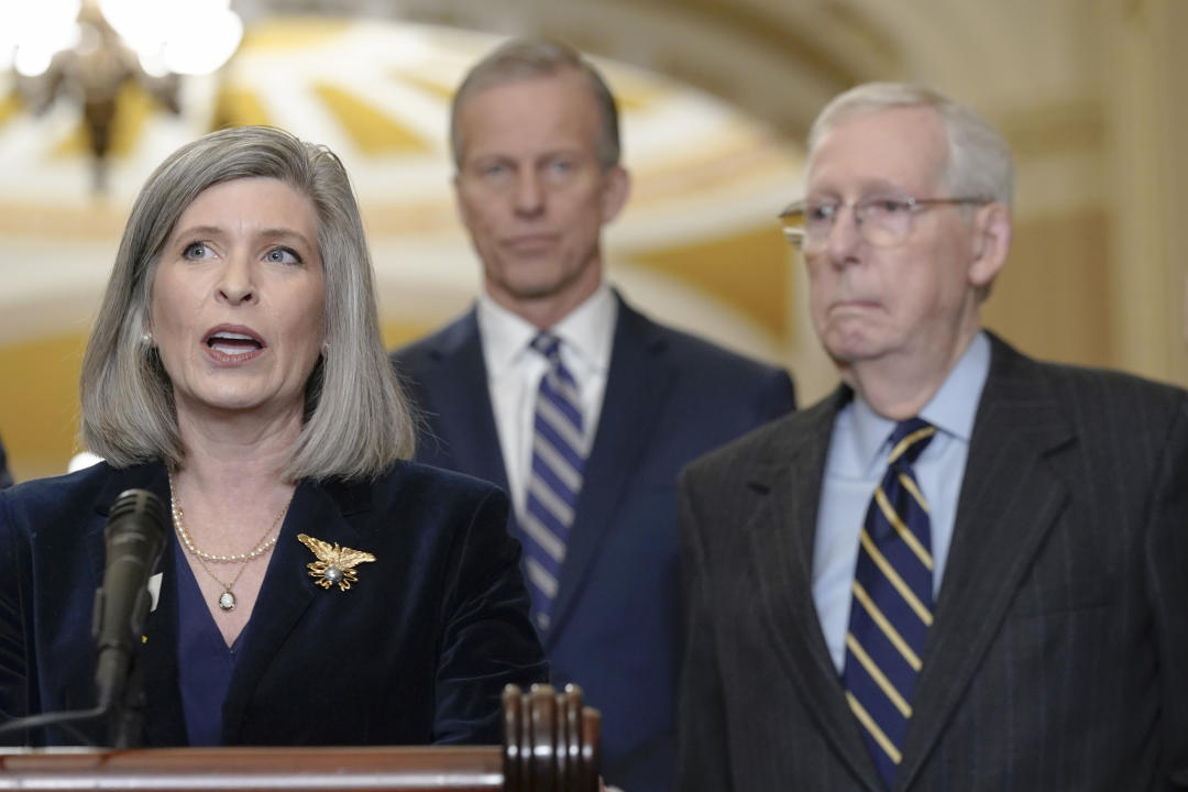 From left, Sen. Joni Ernst of Iowa, Sen. John Thune of South Dakota and Senate Minority Leader Mitch McConnell.