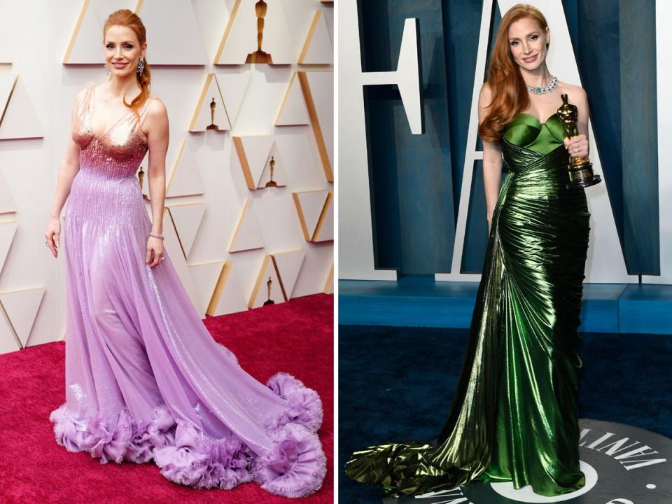 Jessica Chastain at the 2022 Oscars (left) and the actress at the after party (right).