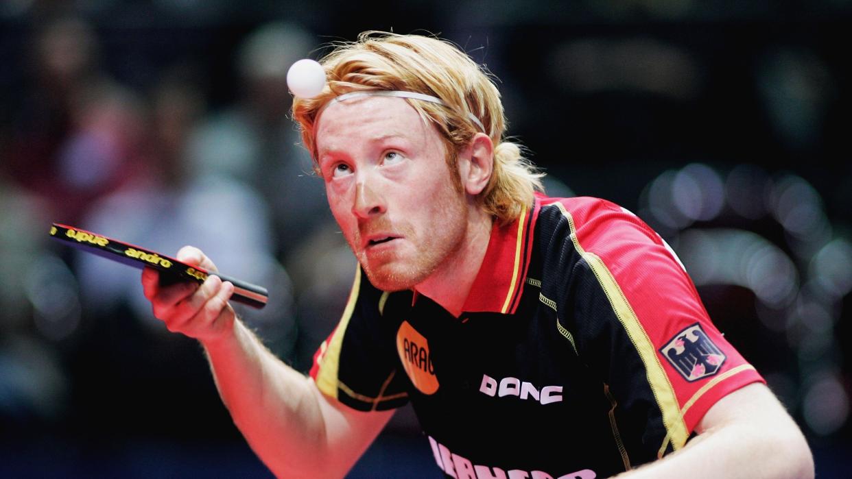  Christian Suss of Germany serves ahead of the 2024 ITTF World Table Tennis Championships. 