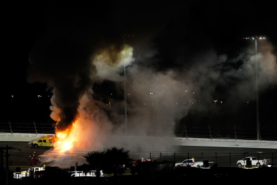 DAYTONA BEACH, FL - FEBRUARY 27: A jet dryer bursts into flames after being hit by Juan Pablo Montoya, driver of the #42 Target Chevrolet, under caution during the NASCAR Sprint Cup Series Daytona 500 at Daytona International Speedway on February 27, 2012 in Daytona Beach, Florida. (Photo by Streeter Lecka/Getty Images)