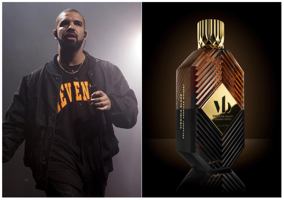 This combination photo shows Drake performing as part of the Summer Sixteen Tour in New York on Aug. 5, 2016, left, and his Virginia Black Decadent American Whiskey. (AP Photo, left, and Virginia Black via AP)