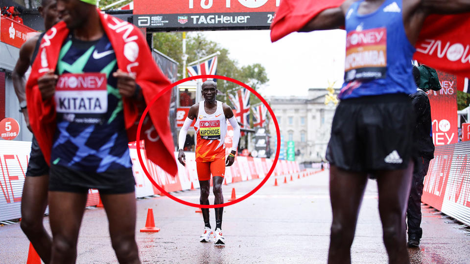 Eliud Kipchoge, pictured here crossing the finish line behind Shura Kitata and Vincent Kipchumba.
