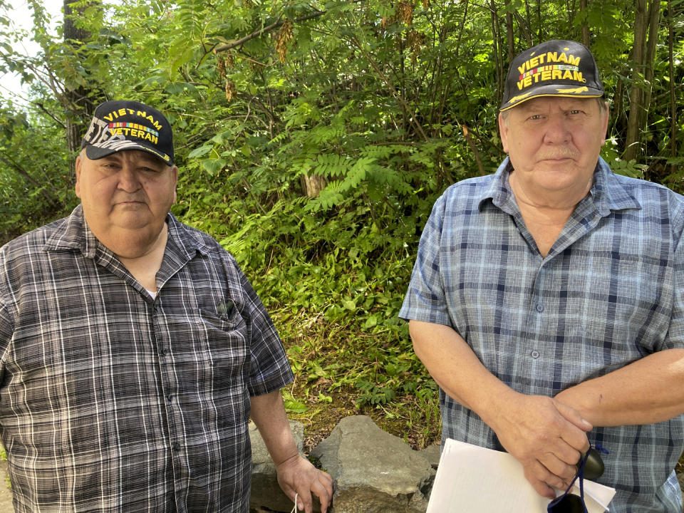 Chris Kiana, left, and Harold Rudolph pose for a photo July 20, 2020, in Anchorage, Alaska. The two Alaska Native Vietnam veterans are critical of a new government program that will allow Native veterans to apply for land that they might have missed out on in earlier programs because of their service. (AP Photo/Mark Thiessen)