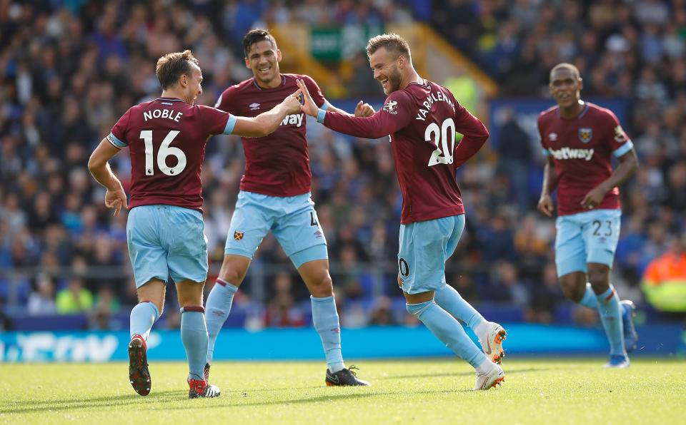 Andriy Yarmolenko (right) celebrates with Mark Noble (left) after they combined to score West Ham’s second goal